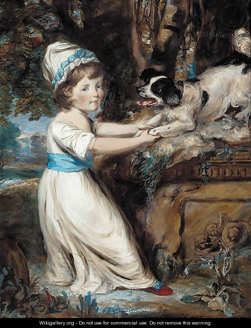 Portrait of Miss Hall, full-length in a white dress with blue trim, playing with a black and white spaniel - Daniel Gardner