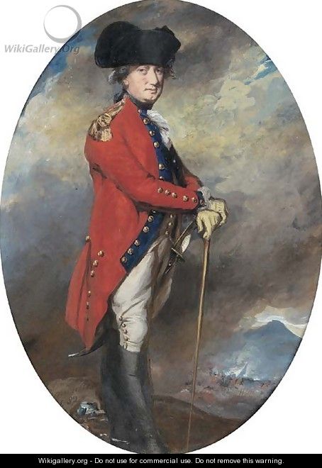 Portrait of Charles, 1st Marquis Cornwallis (1738-1805), small full-length, in uniform, leaning on a cane, in a landscape with a battle beyond - Daniel Gardner