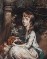 Portrait of a young girl, seated beneath a tree, in a white dress with blue trim, a red and white setter beside her - Daniel Gardner