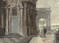 A courting couple outside a building, an arcade and a garden beyond - Daniel de Blieck