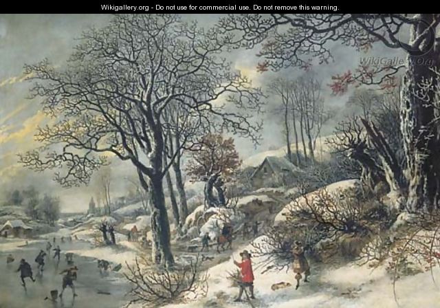 A frozen river landscape with huntsmen and skaters - Daniel van Heil