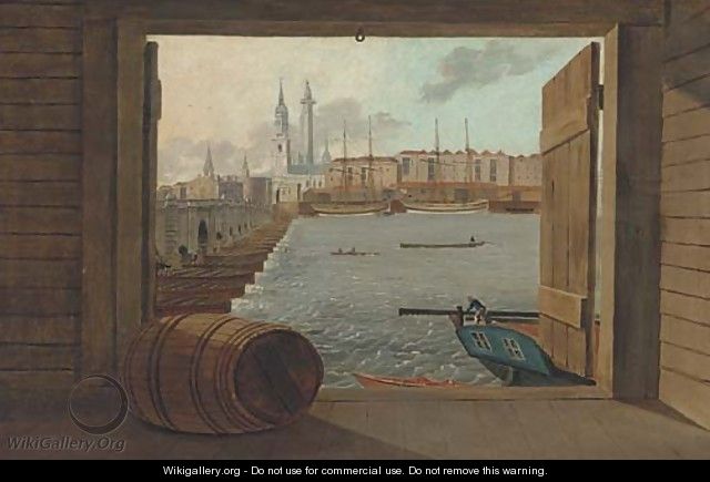 Trading brigs on the Thames before old London Bridge with the Monument beyond - Daniel Turner