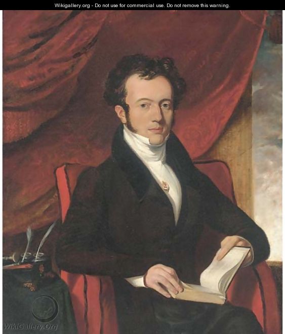 Portrait of M. Marcelles, Honourary Consul to Cork, half-length, in a brown coat with a cameo pinned to a white waistcoat, seated in an interior - Daniel Maclise