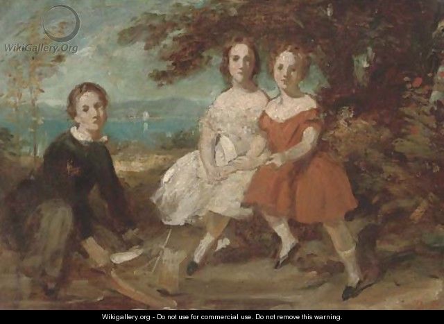 A group portrait of three children, small full-length, seated in a landscape, a sketch - Daniel Maclise