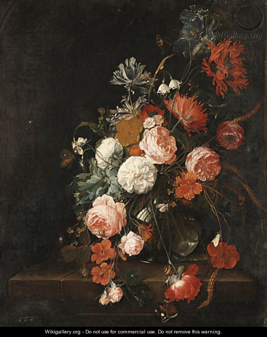 Roses, Poppies, Ears of Corn and other Flowers in a glass Vase, with Snails, a Moth, a Spider and a Butterfly on a stone Ledge - David Cornelisz. de Heem