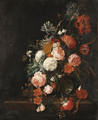 Roses, Poppies, Ears of Corn and other Flowers in a glass Vase, with Snails, a Moth, a Spider and a Butterfly on a stone Ledge - David Cornelisz. de Heem