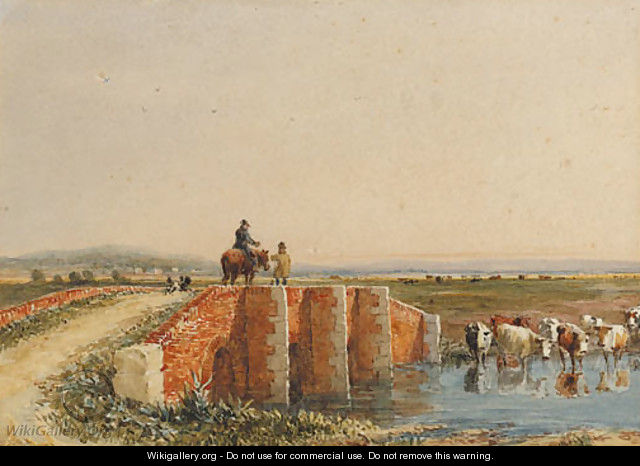 Figures crossing a bridge, cattle watering below - David Cox
