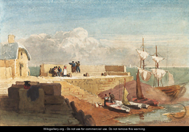 Figures by a harbour wall with boats moored in the foreground - David Cox