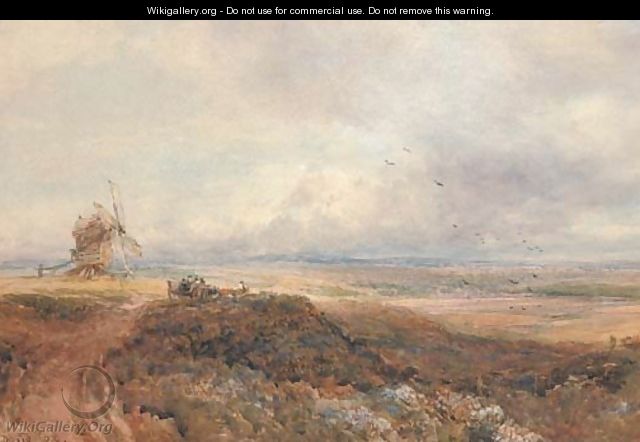 An old windmill and travellers on a moor - David Cox