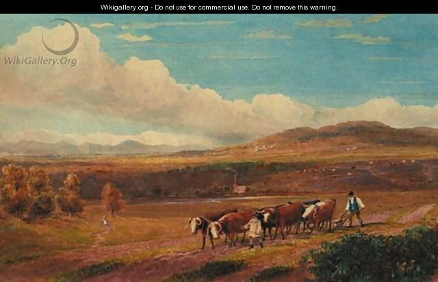 Ploughing with Oxen in Herefordshire with Stone Park and the Malvern Hills in the distance - David Cox