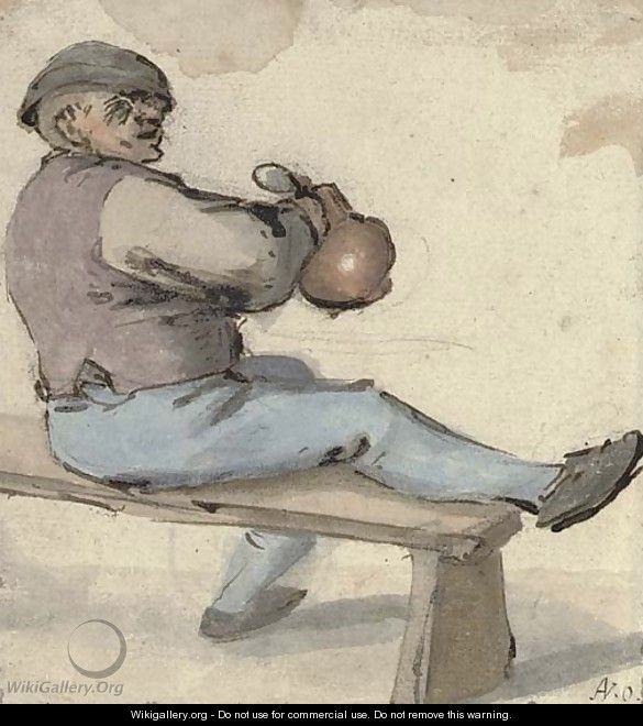A seated drinker holding an earthenware pot - Cornelis Dusart