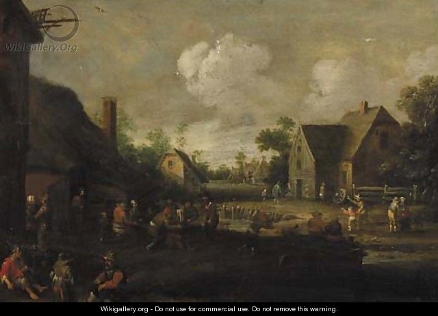 A village street with boors at table outside a tavern, beggars in the foreground - Cornelius Droochsloot