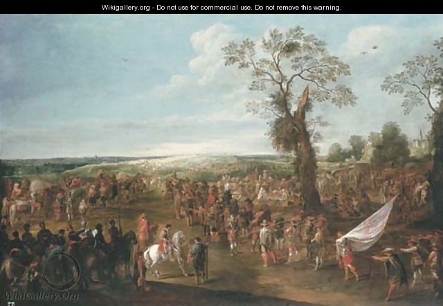 Troops manoeuvring in an extensive landscape - Cornelis de Wael