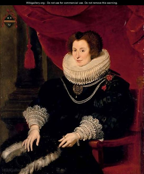 Portrait of a lady, believed to be Anna de Bourgeois (d. 1636), three-quarter-length, in a black dress with a fan, seated - Cornelis De Vos