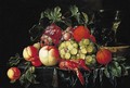 Peaches, oranges, grapes on the vine and crayfish on a pewter plate, with a roemer on a box on a partly draped stone ledge - Cornelis De Heem