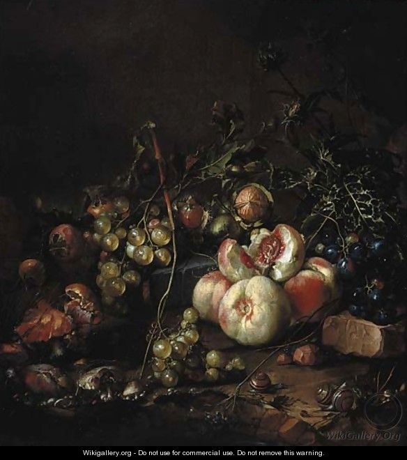 Peaches, grapes, walnuts, mushrooms, snails and a thistle, on a river bank - Cornelis De Heem
