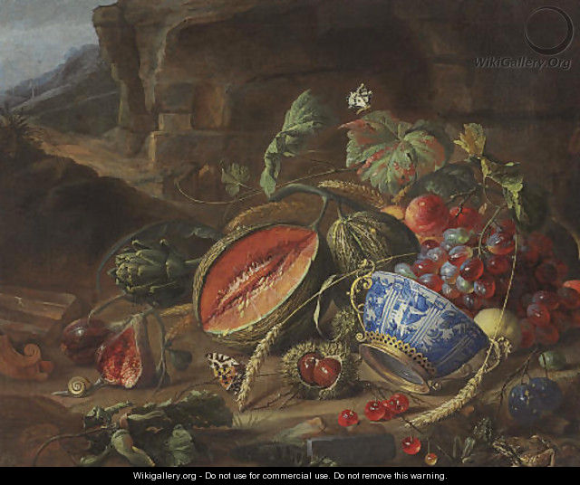 Melons, peaches, grapes, cherries and other fruits, with a wan-li porcelain bowl with gilt mount, insects and butterflies, in a landscape - Cornelis De Heem