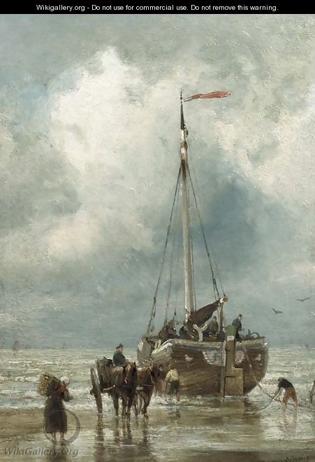 Fishermen unloading a bomschuit - Cornelis Christiaan Dommersen