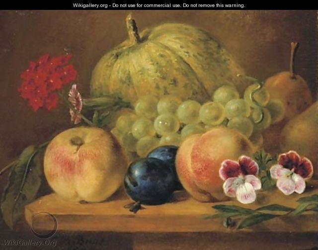 Fruits and flowers on a ledge - Cornelis Bernardus Buys