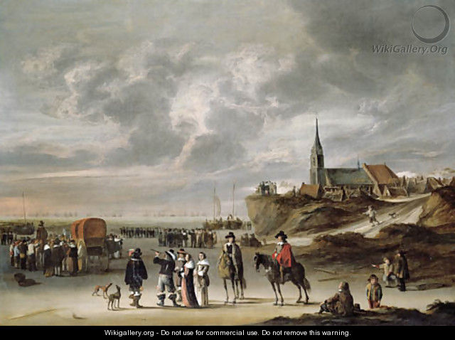 Elegant company on the beach ar Egmond aan Zee, a naval battle beyond - Cornelis Beelt
