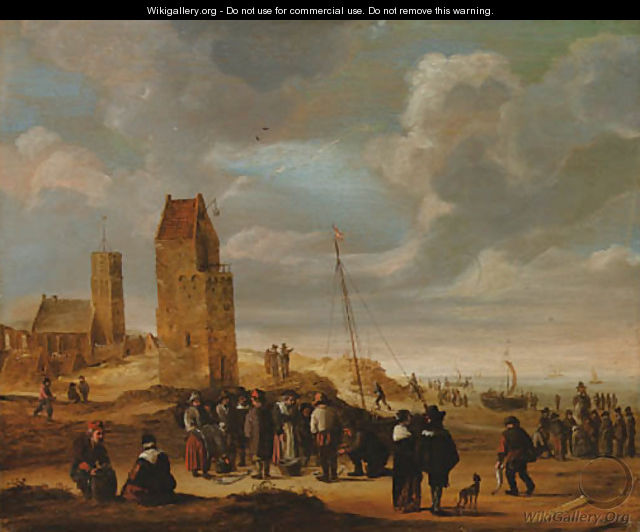 A view of Egmond-aan-Zee with fisherfolkthe beach - Cornelis Beelt
