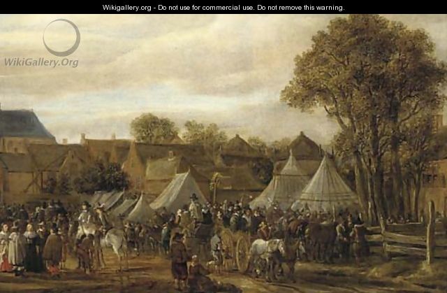 A horse fair, said to be Valkenburg, with figures in wagons and on horseback by booths outside the town walls - Cornelis Beelt