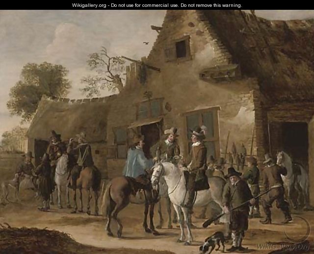 A hawking party at rest by an inn - Cornelis Beelt