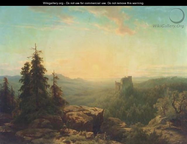 A panoramic view of a valley with a ruin at sunset - Cornelis Lieste