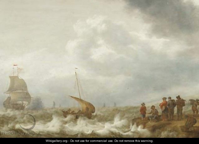 Shipping off the coast in a stiff breeze, figures on the shoreline in the foreground - Cornelis Stooter