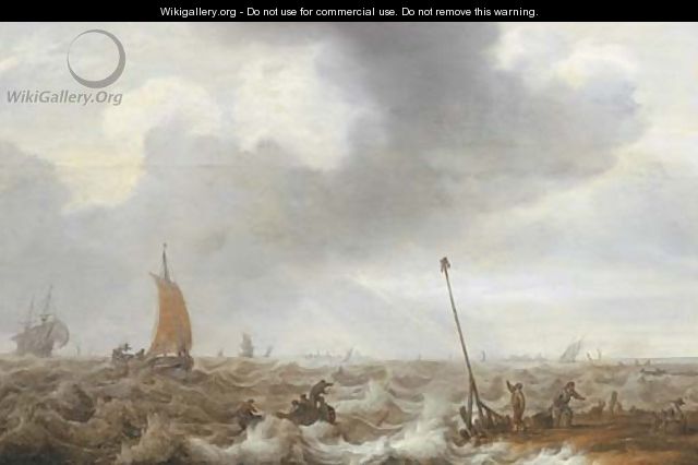 Shipping in choppy seas with fishermen on the shore in the right foreground, a town beyond - Cornelis Stooter