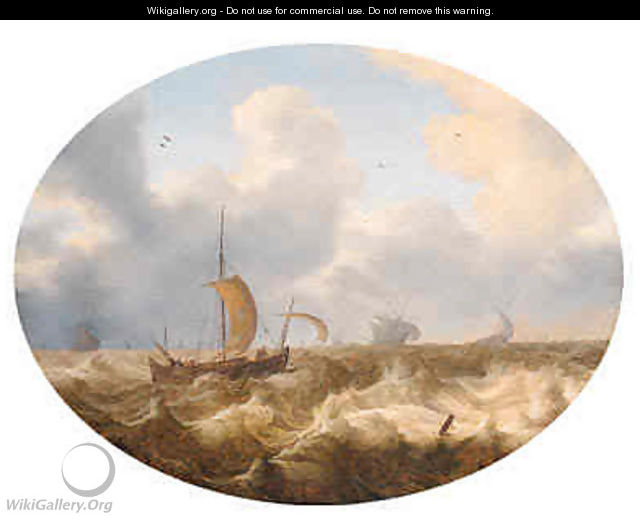A smalschip running before the wind offshore, other shipping beyond, as a storm approaches - Cornelis Stooter