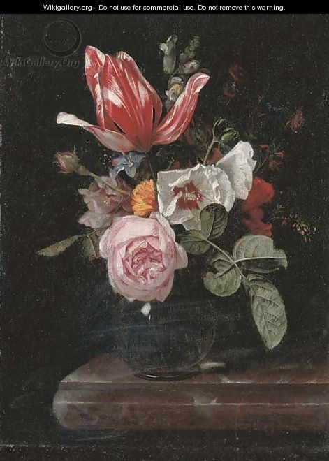 Roses, peonies, a tulip and other flowers in a glass vase on a stone ledge - Cornelis Kick
