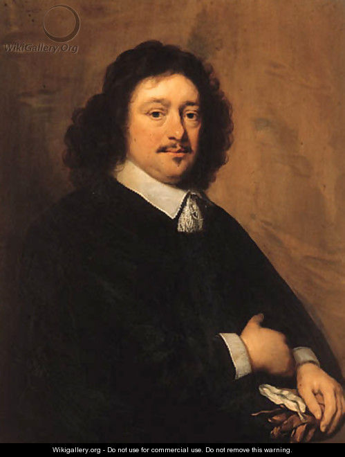 Portrait of a gentleman, half-length, wearing a black coat and a lace collar, holding a pair of gloves - Cornelius Janssens van Ceulen