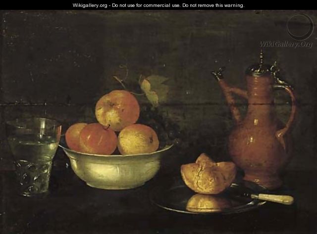 Apples and grapes in a porcelain bowl, a bread roll on a pewter plate, a glass of water and a jug on a wooden ledge. - Cornelis Jacobsz Delff