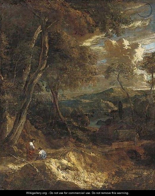 A wooded landscape with figures on a track - Cornelis Huysmans