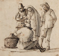 Four peasants looking at a basket containing birds - Cornelis Dusart