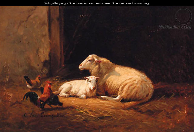 Sheep and Cockerels in a Farmyard - Cornelis van Leemputten