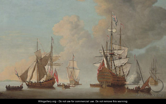 The flagship Royal Sovereign firing a salute at the Nore with other warships and Admiralty yachts in attendance - Cornelis van de Velde