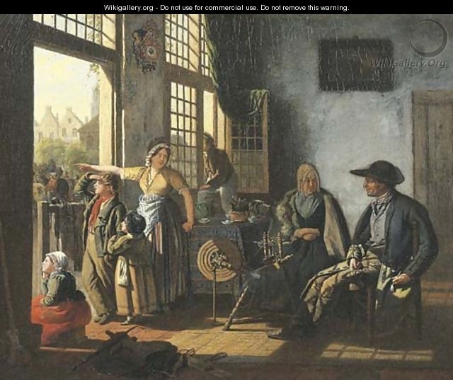 A woman and her children in an interior by an open door - Cornelis Van Cuylenburgh