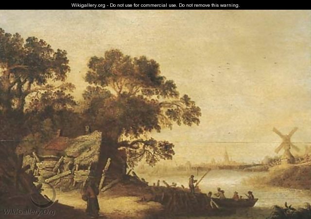 A wooded river landscape with figures at a landing stage by a farmhouse, a village beyond - Cornelis Tegelberg