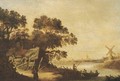 A wooded river landscape with figures at a landing stage by a farmhouse, a village beyond - Cornelis Tegelberg
