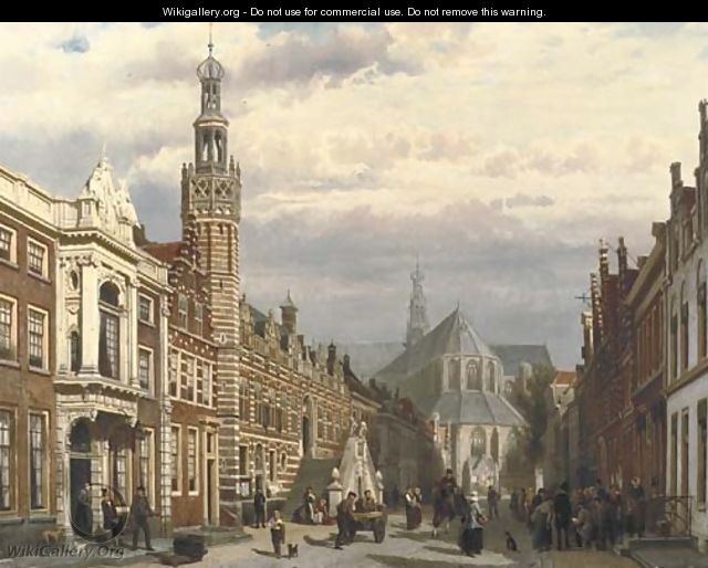 View of the Town Hall and the St. Laurenschurch in Alkmaar - Cornelis Springer