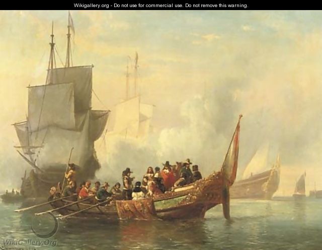The salute a noble company surveying a fleet - Cornelis Springer