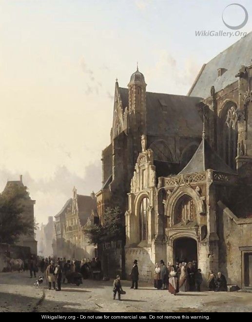 Numerous figures leaving church in a sunlit street - Cornelis Springer