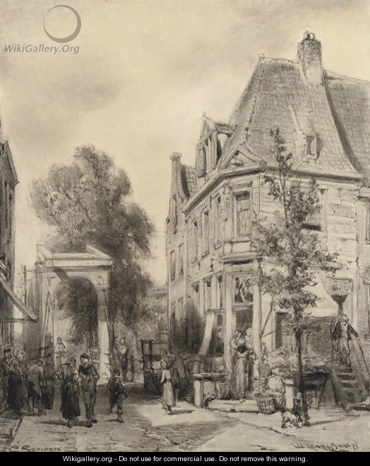 A busy street in Weesp - Cornelis Springer