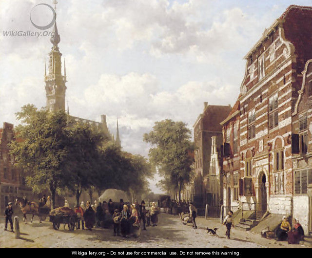 A busy market in Veere with the bell-tower of the town hall beyond - Cornelis Springer