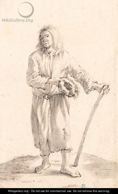 A standing peasant holding a hat and a stick - Cornelis Saftleven