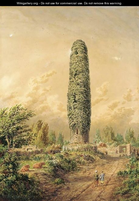 An ivy-covered tower by an open track, Ireland - Cornelius Varley