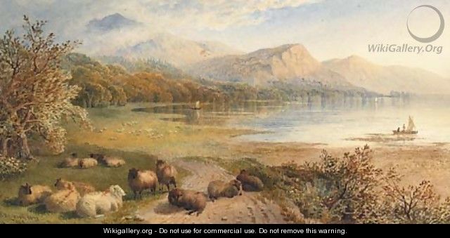 Sheep resting beside a Lake in a mountainous Landscape - Thomas Francis Wainewright