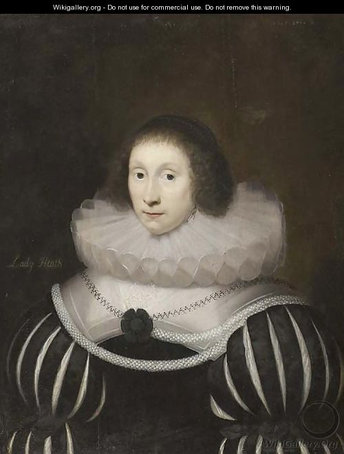 Portrait of Margaret, Lady Heath, wife of Sir Robert Heath, half-length, in a black dress with slashed sleeves and a white ruff, with a rope of pearls - Cornelis I Johnson